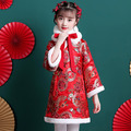 2021冬款夾棉中大童新年中國風復古刺繡毛毛領連衣裙