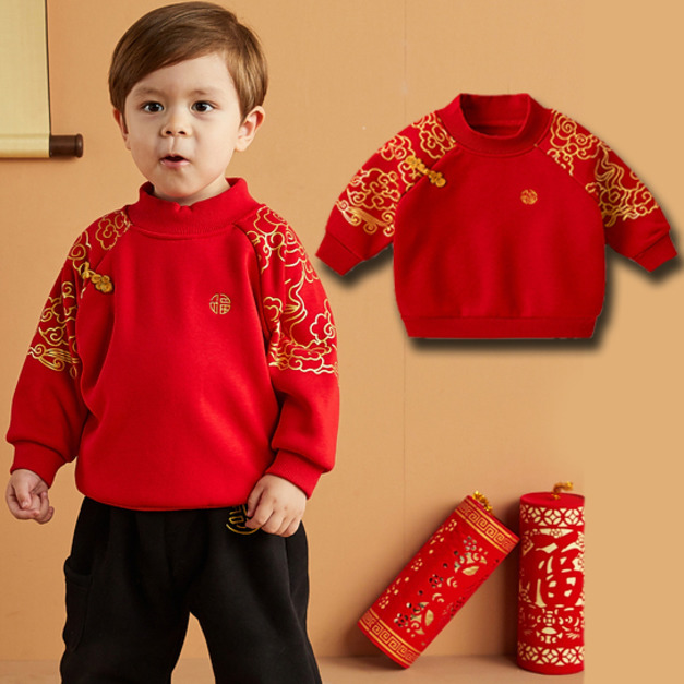 冬裝韓版中國風燙金祥雲圖案加絨唐裝上衣