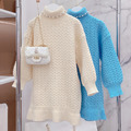 2021冬裝韓版中大童針織高領珍珠毛衣裙/長版毛衣(白色)_1