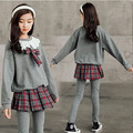 2021冬款中大童日系JK學院風蝴蝶結上衣+格子裙褲二件套