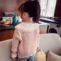 2022春裝韓版中大童V領麻花針織棒外套/小開衫(粉色)_1