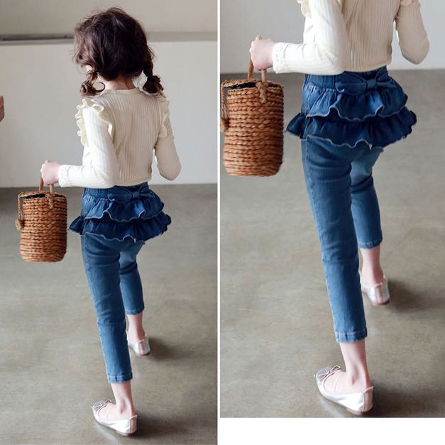 2022春裝韓版中大童雙層花邊蝴蝶結牛仔褲/九分褲