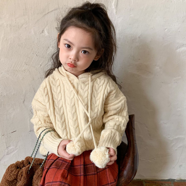 2022春裝韓版麻花針織毛球連帽上衣/毛衣