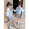 春裝韓版中大童JK學院風襯衫+背心+百褶短裙三件套(藍色)_1