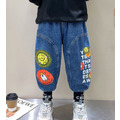 2022春裝韓版中大童卡通塗鴉寬版長褲/牛仔褲