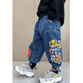 2022春裝韓版中大童卡通塗鴉寬版長褲/牛仔褲_4