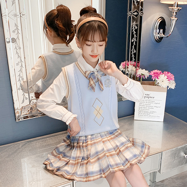 春裝韓版中大童JK學院風襯衫+背心+百褶短裙三件套(藍色)