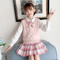 春裝韓版中大童JK學院風襯衫+背心+百褶短裙三件套(粉色)