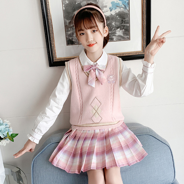 春裝韓版中大童JK學院風襯衫+背心+百褶短裙三件套(粉色)