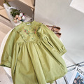 2022春裝韓版中大童復古刺繡木耳花邊連衣裙(綠色)_1