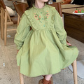 2022春裝韓版中大童復古刺繡木耳花邊連衣裙(綠色)