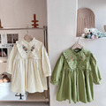 2022春裝韓版中大童復古刺繡木耳花邊連衣裙(綠色)_8