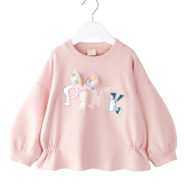 2022春裝韓版中大童毛球蝴蝶結寬版粉色上衣