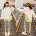 2022春裝韓版中大童襯衫拼接假二件上衣+緊身內搭褲二件套