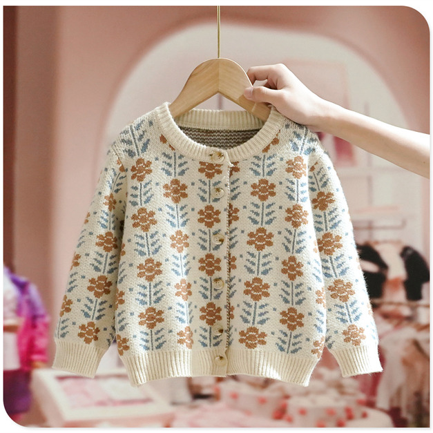 2022春裝韓版中大童花朵針織毛衣外套/小開衫