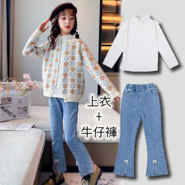 2022春裝韓版中大童白色花邊上衣+蝴蝶結開叉喇叭褲二件套