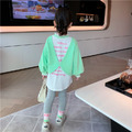 2022春裝韓版中大童英文印花假二件上衣+條紋內搭褲二件套(綠色)_3