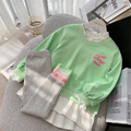 2022春裝韓版中大童英文印花假二件上衣+條紋內搭褲二件套(綠色)_7