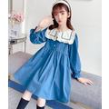 2022春裝韓版中大童娃娃領棉質百褶公主裙(藍色)