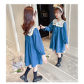 2022春裝韓版中大童娃娃領棉質百褶公主裙(藍色)_3
