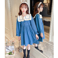 2022春裝韓版中大童娃娃領棉質百褶公主裙(藍色)_2