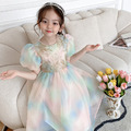 2022夏裝韓版中大童彩虹漸層泡泡袖公主裙/小禮服