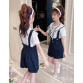 2022夏裝韓版中大童學院風上衣+吊帶短褲二件套(藍色)_3