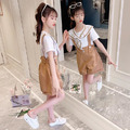 2022夏裝韓版中大童學院風上衣+吊帶短褲二件套(卡其色)_1