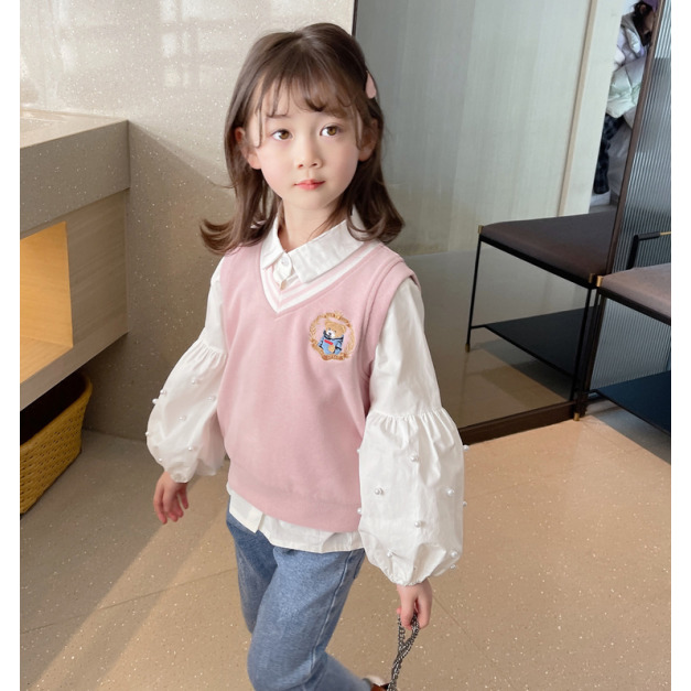 2022春裝韓版中大童學院風粉色小熊針織背心