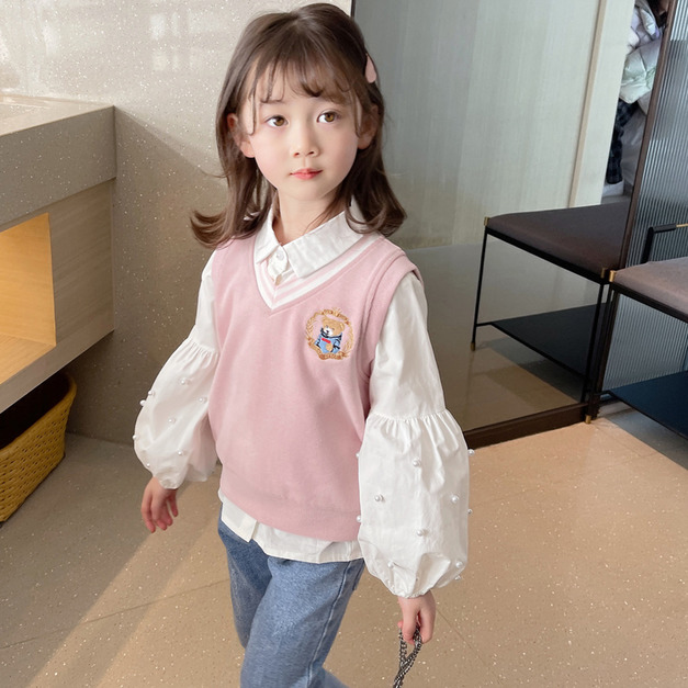 2022春裝韓版中大童學院風粉色小熊針織背心