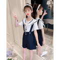 2022夏裝韓版中大童學院風上衣+吊帶短褲二件套(藍色)_2