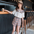 2022夏裝韓版中大童雙格子領上衣+格子短褲二件套(現貨)