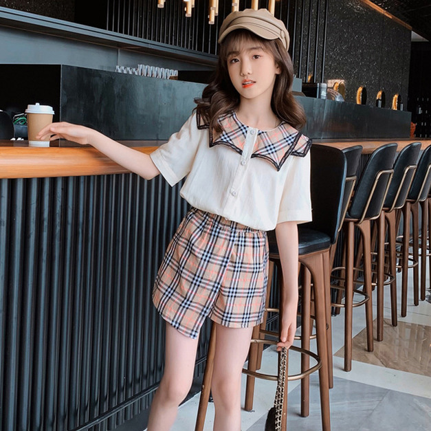 2022夏裝韓版中大童雙格子領上衣+格子短褲二件套(現貨)