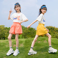 2022夏裝韓版中大童時尚花朵上衣+橘色短褲二件套裝_4