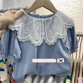 2022夏裝韓版中大童百搭寬鬆蕾絲翻領上衣_1