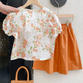 2022夏款韓版小清新繡花上衣+半身裙二件套裝(橘色) 140碼現貨_1
