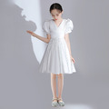 韓版中大童緞面V領蓬蓬袖白色公主裙/音樂表演小禮服(短款)