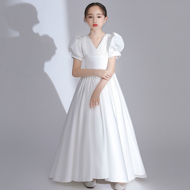 韓版中大童緞面V領蓬蓬袖白色公主裙/音樂表演小禮服(長款)現貨