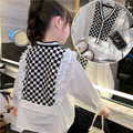 2022春裝韓版中大童黑白棋盤格花邊襯衫/上衣(黑色)
