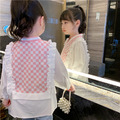 2022春裝韓版中大童粉白棋盤格花邊襯衫/上衣(粉色)_4
