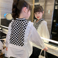 2022春裝韓版中大童黑白棋盤格花邊襯衫/上衣(黑色)_4
