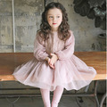 2022春裝韓版中大童法式燈籠袖蕾絲網紗公主裙(粉色)