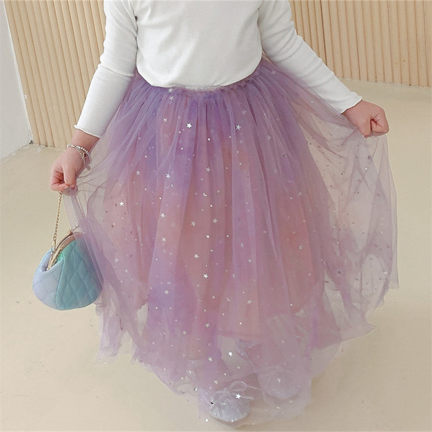 2022春夏裝韓版星星亮片網紗長款半身裙/公主裙