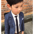 韓版英倫風男童長袖襯衫+西裝外套+長褲三件套裝(藍格)_4