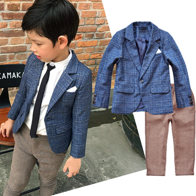 韓版英倫風男童長袖襯衫+西裝外套+長褲三件套裝(藍格)