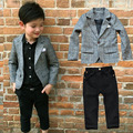 韓版英倫風男童長袖襯衫+西裝外套+長褲三件套裝(灰格)