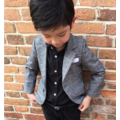 韓版英倫風男童長袖襯衫+西裝外套+長褲三件套裝(灰格)_1