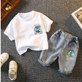 2022夏裝韓版男童太陽印花上衣+牛仔短褲二件套(白色)_1
