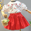 2022夏裝韓版中大童櫻桃刺繡花邊領襯衫+紅色短裙二件套裝