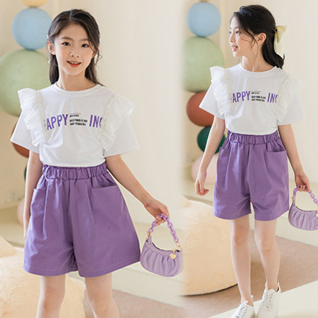 2022夏裝韓版中大童花邊袖上衣心+紫色短褲二件套裝